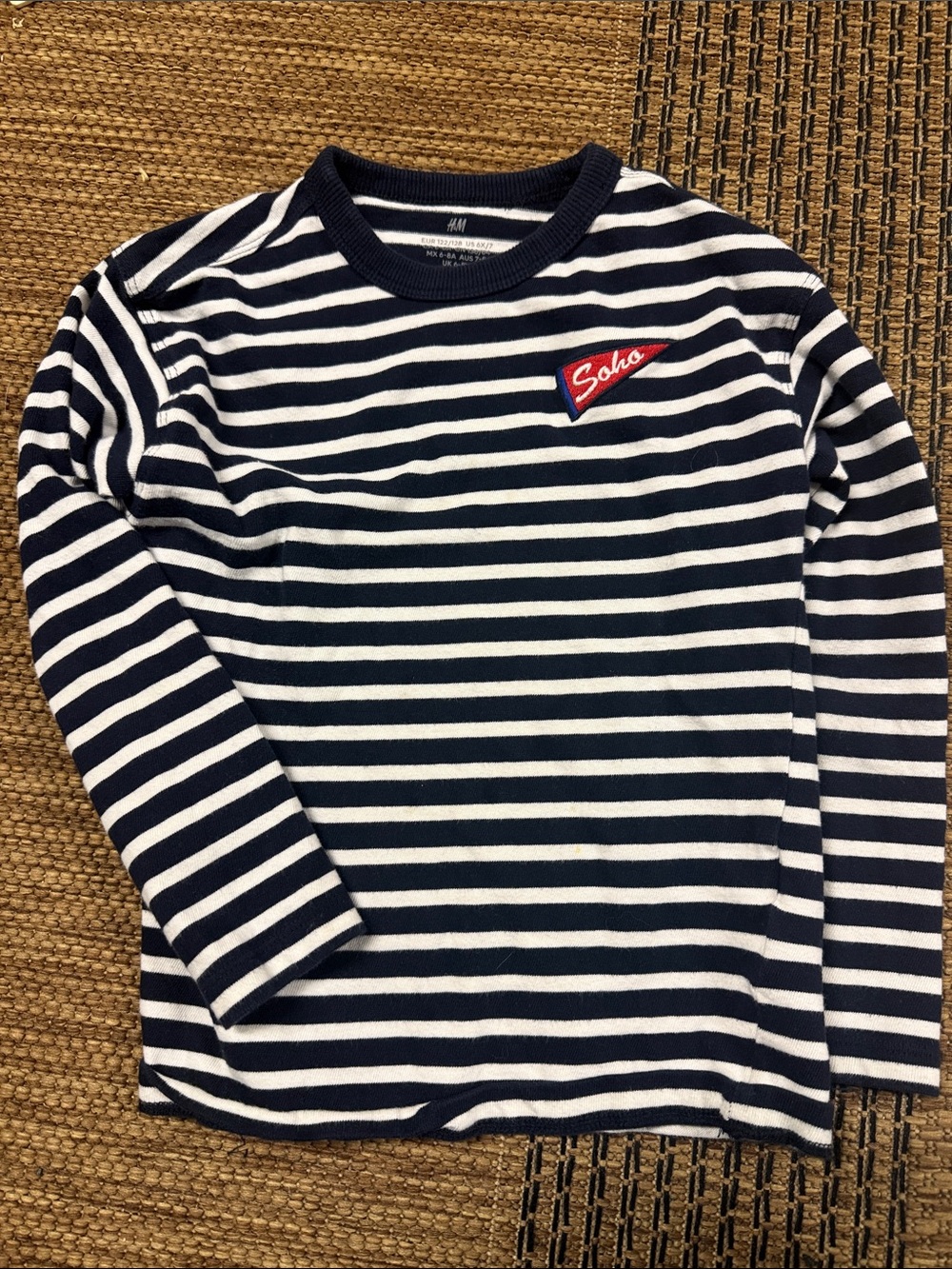 H&M Navy & White Striped Long-Sleeve Tee with Red Soho Patch